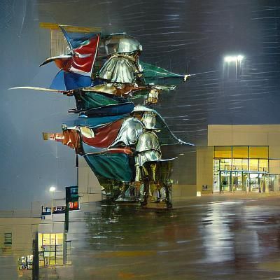 Four medieval knights stand in front of Dick’s Sporting Good...