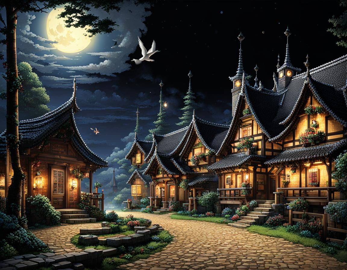 Pixel Night Village  by @Ararauna Design