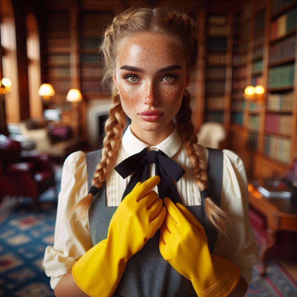 A freckled female Swiss butler with braids in the library of a posh Colombian mansion, wearing yellow rubber household g...
