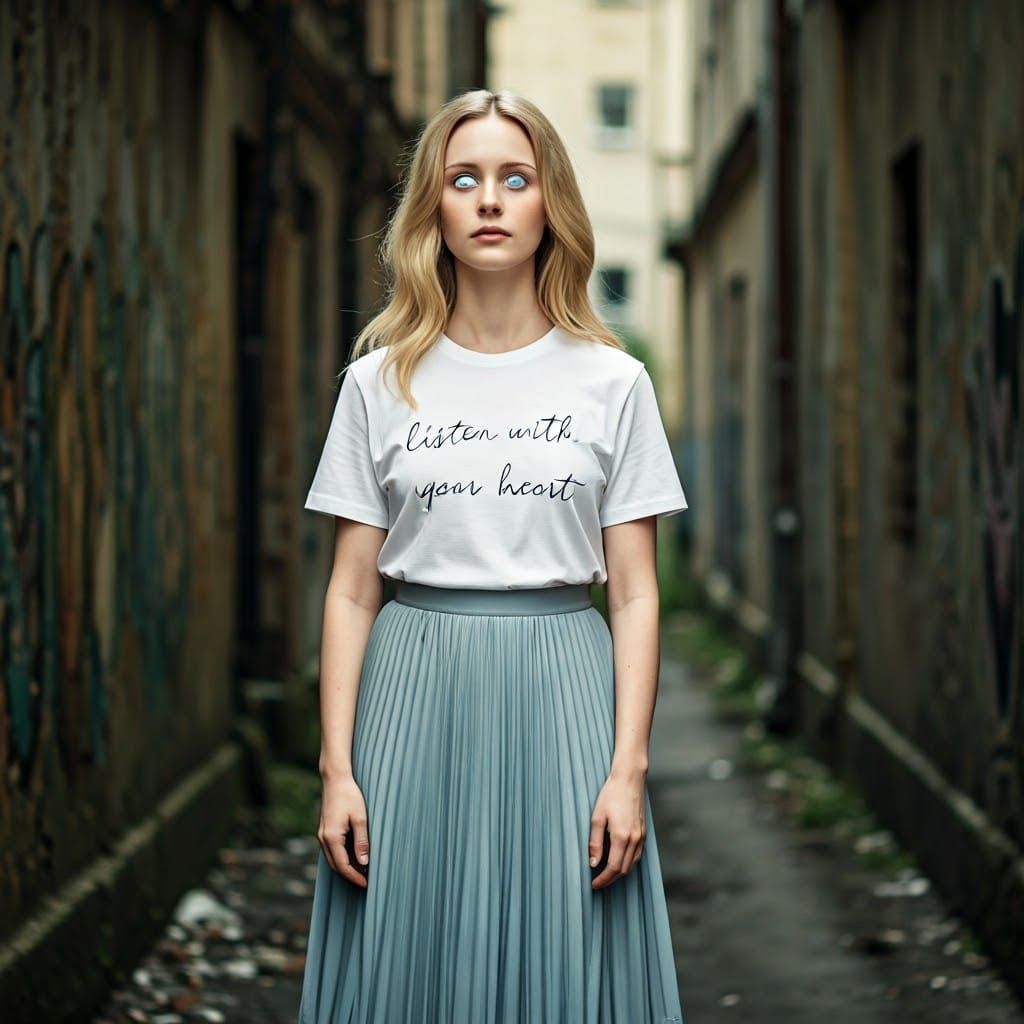 Portrait of blonde woman with cloudy eyes wearing t-shirt with the text and pleated skirt
