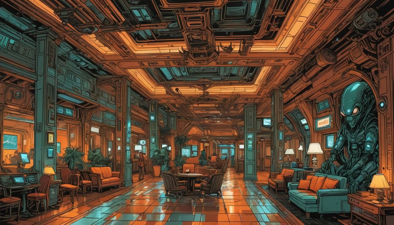 alien-hotel: die lobby,türkis,orange,bronze ,rot