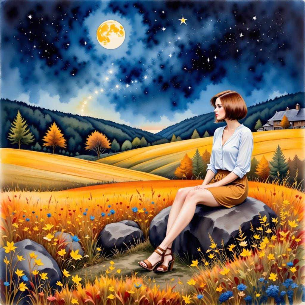 <lora:StarlightXLFlux:1.0> A starry night, bright full moon, a beautiful woman, sitting on a rock near a rustic house, a flowery field, in a...