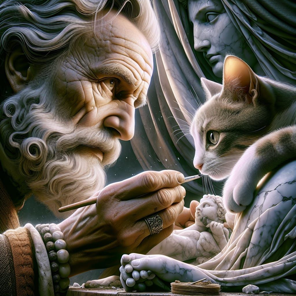 Michelangelo Buonarroti sculpting a masterpiece in the company of his cat  by @Doug the Old