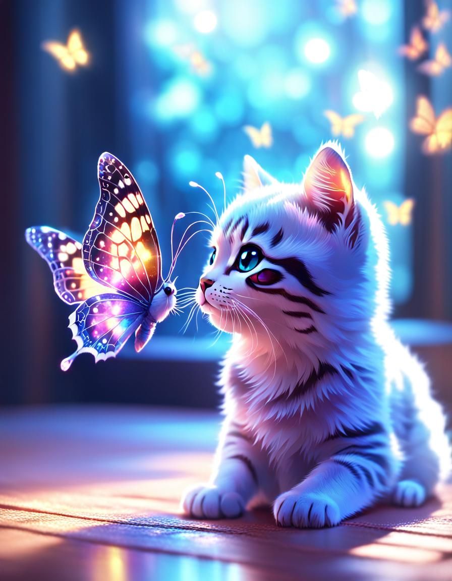 Kitten playing with Butterfly  by @Sennexx