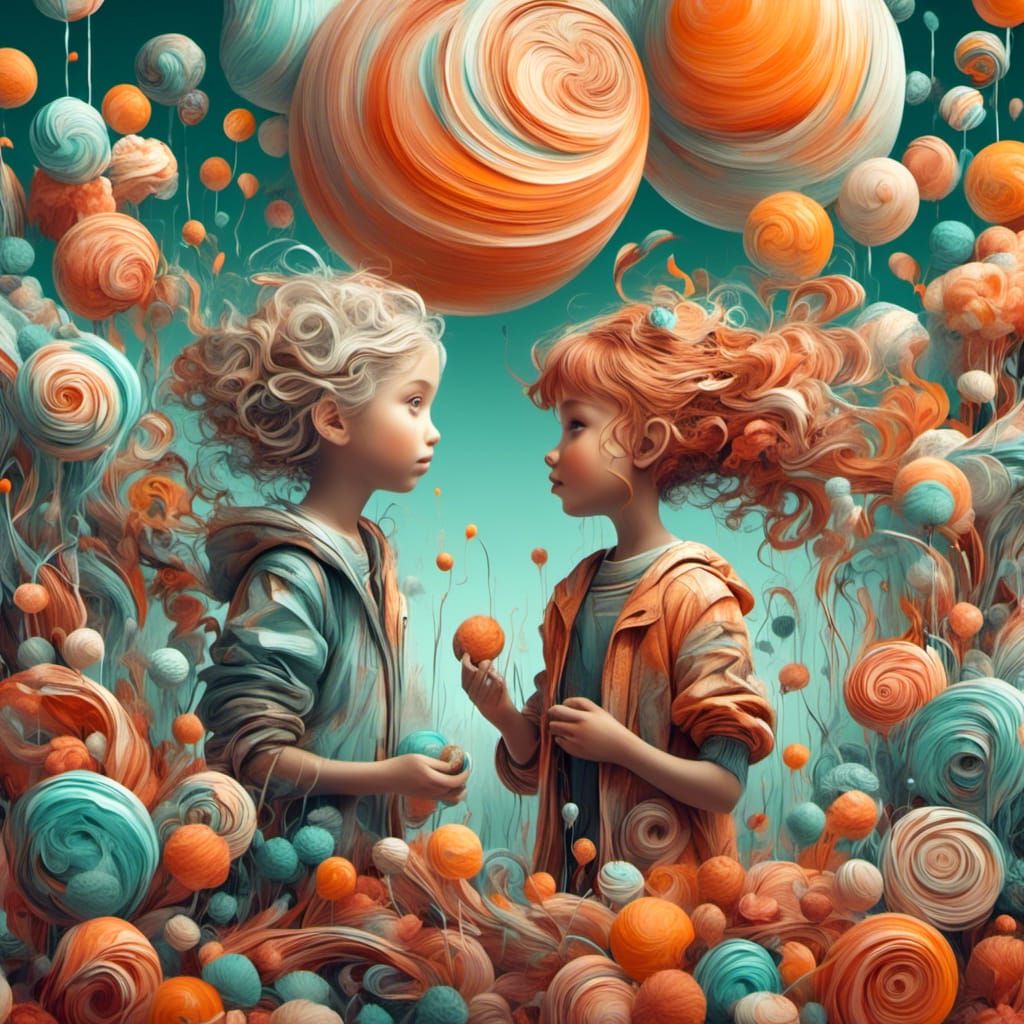 <lora:Marble:1.0> Girl and boy, Candy art style! Whimsical p...