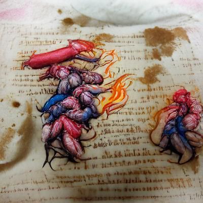 Colored ink on parchment; The Bakers of Hell