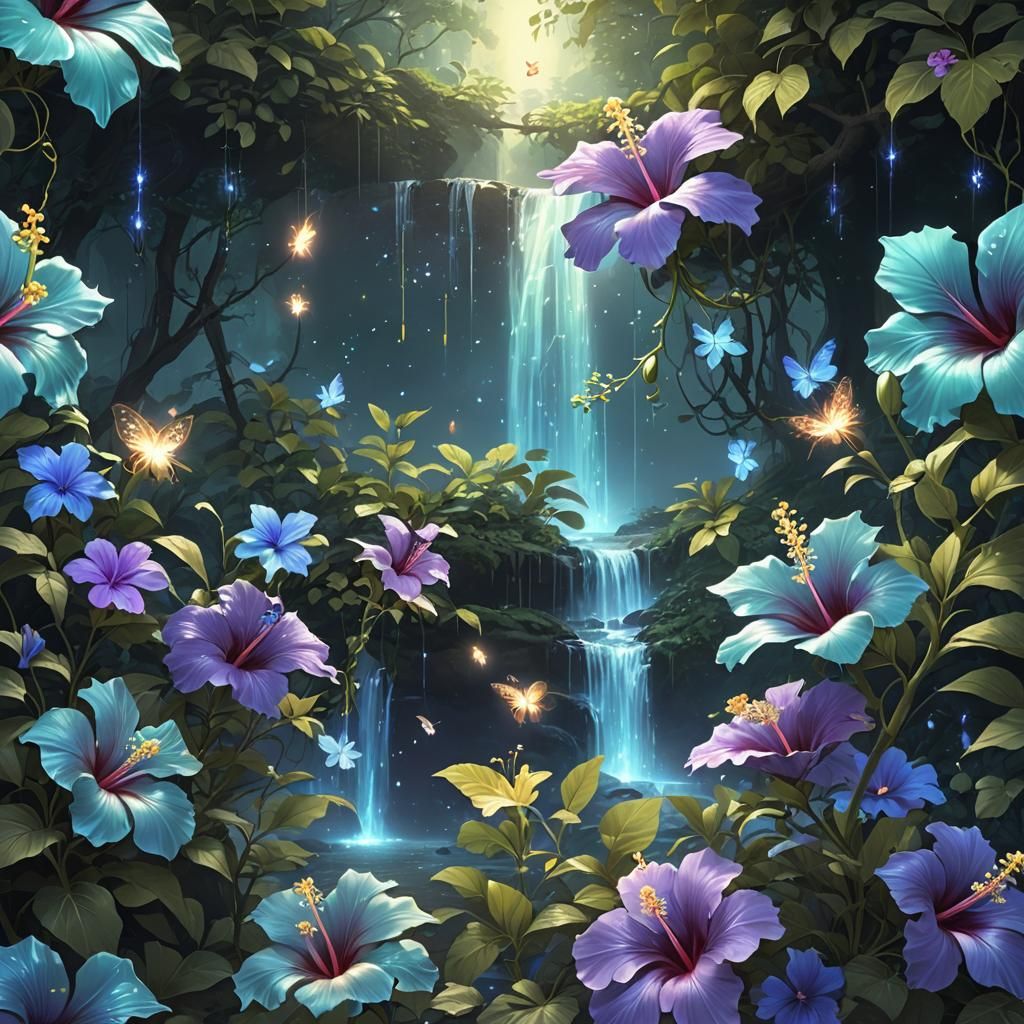 forest clearing waterfall filigree iridescent aqua blue purp...