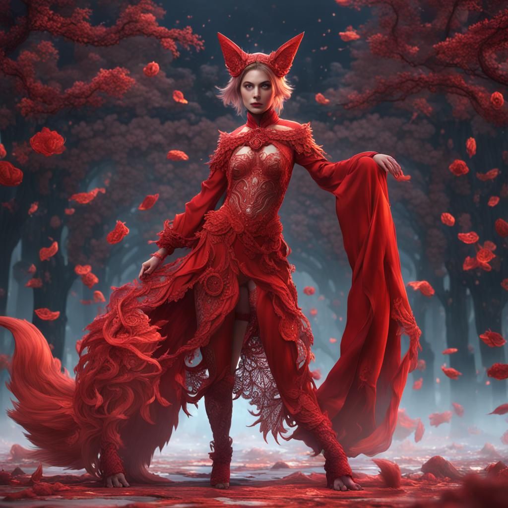 Nine-tailed fox woman in red lace underwear
