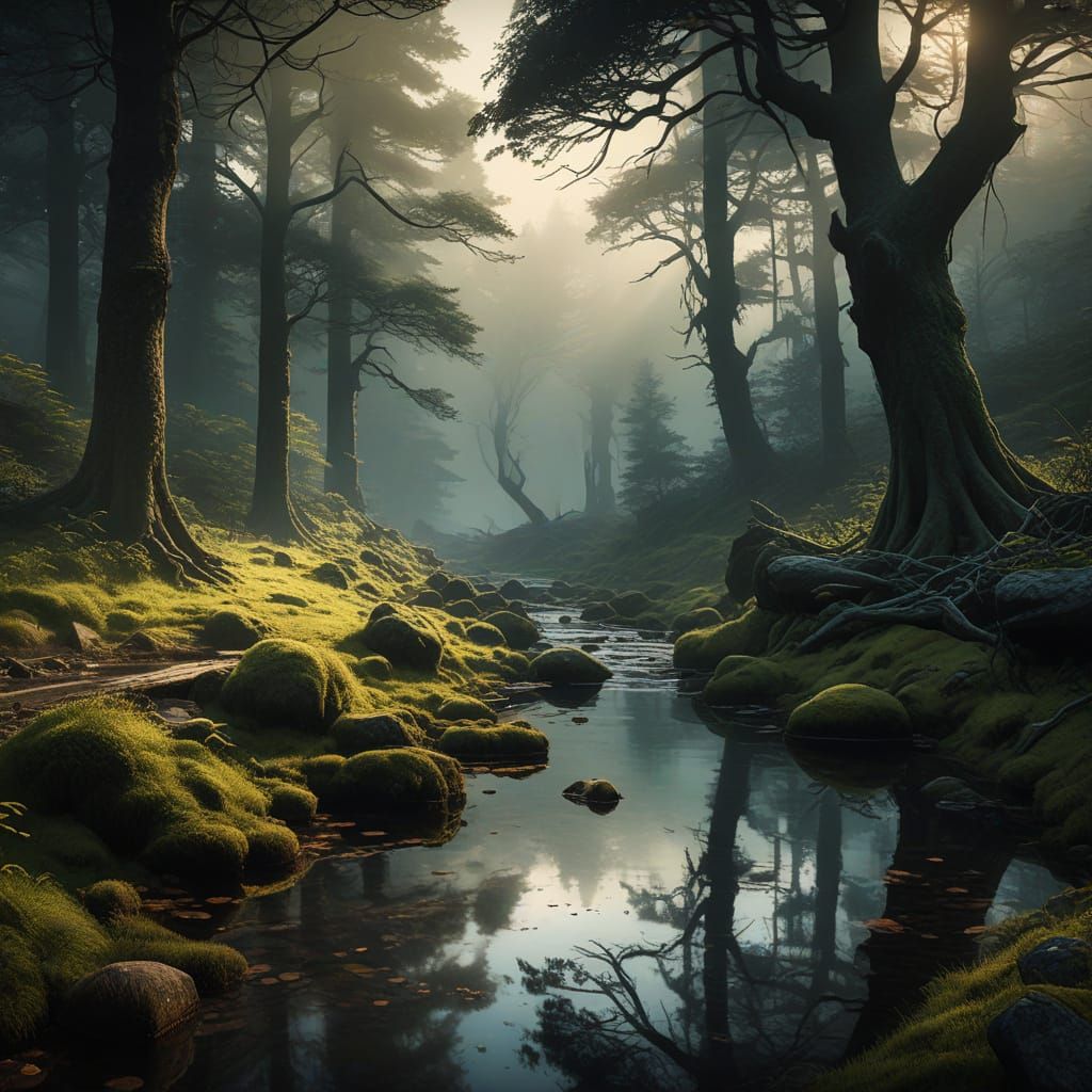 A deep, ancient forest shrouded in thick, ethereal fog, where the trees seem to whisper secrets. A lone ...  by @K J Baker