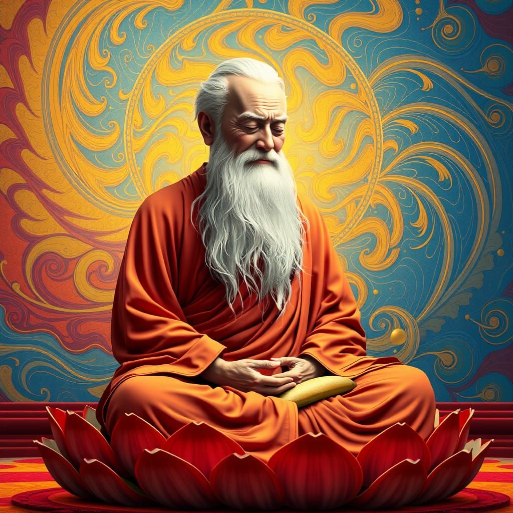 Monk Subhuti's Enlightenment: A Bauhaus Inspired Scene