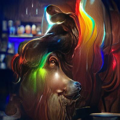 Night Cafe in the dark making a dog rainbow