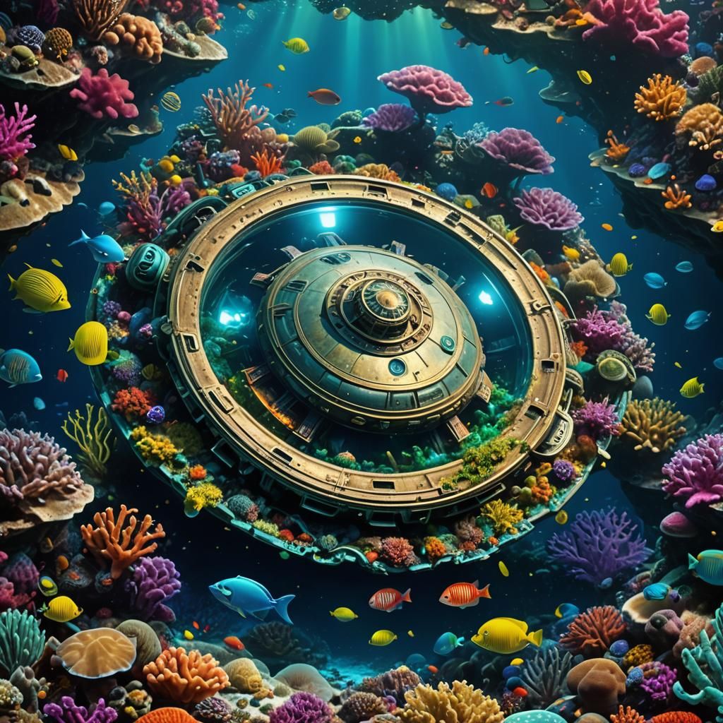 a crashed 1950's sci-fi flying saucer on the bottom of the o...