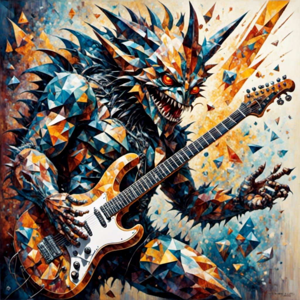 <lora:Finkufreaky:1.0> <lora:Crystal Cubism:1.0> Crystal Cubism, geometric, creepy monster playing electric guitar, highly detailed concept...