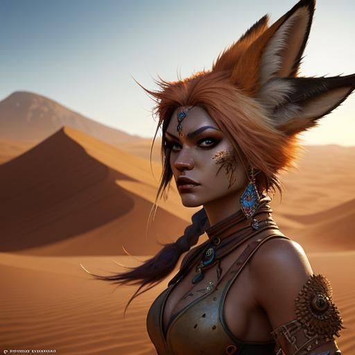 Girl with fox hat, in desert dressed like savage Hyperrealis...
