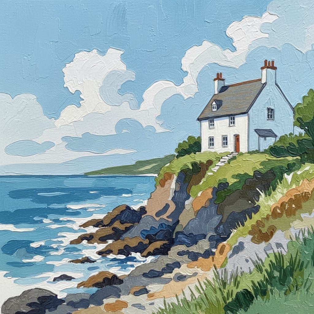 create a pen and water color painting of a house on a cliff in the right side of canvas, below the cliff is the sea washing on some rocks. m...