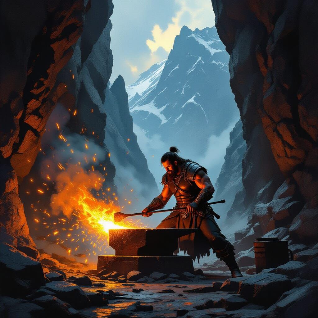 Epic Blacksmith Forging Molten Metal in Mountain Realm