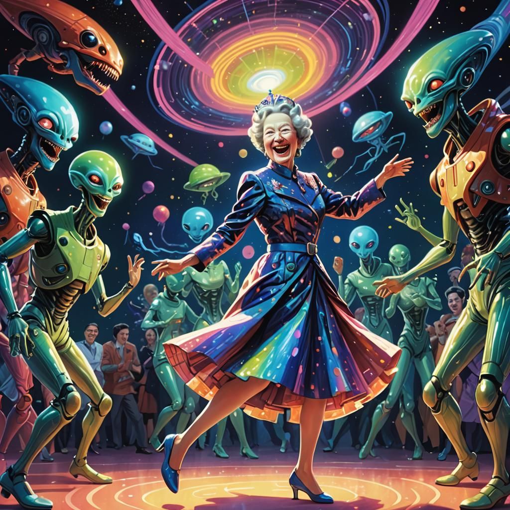 Elizabeth II dancing with aliens  by @Kotori