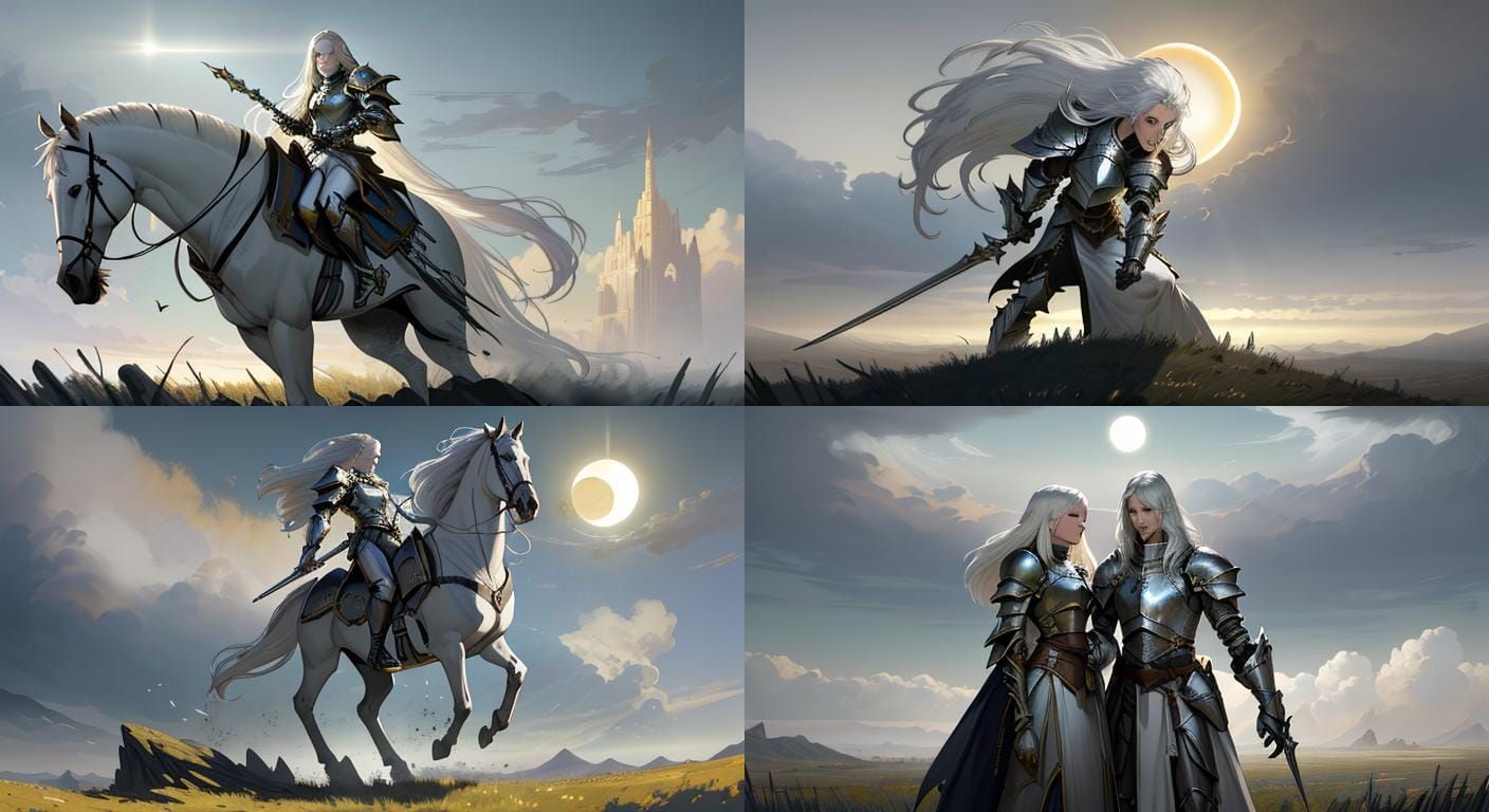 female knight. white armor, white hair, long hair, silver armor, field
