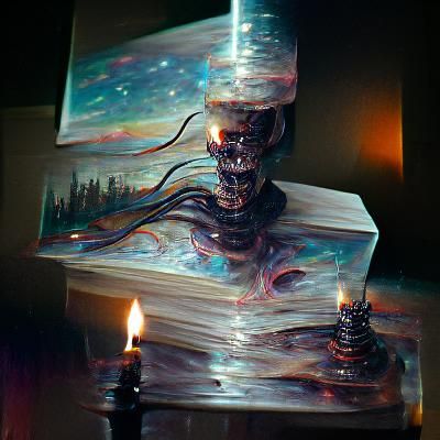 Melting lit candles perched on top of a spine in the dark
