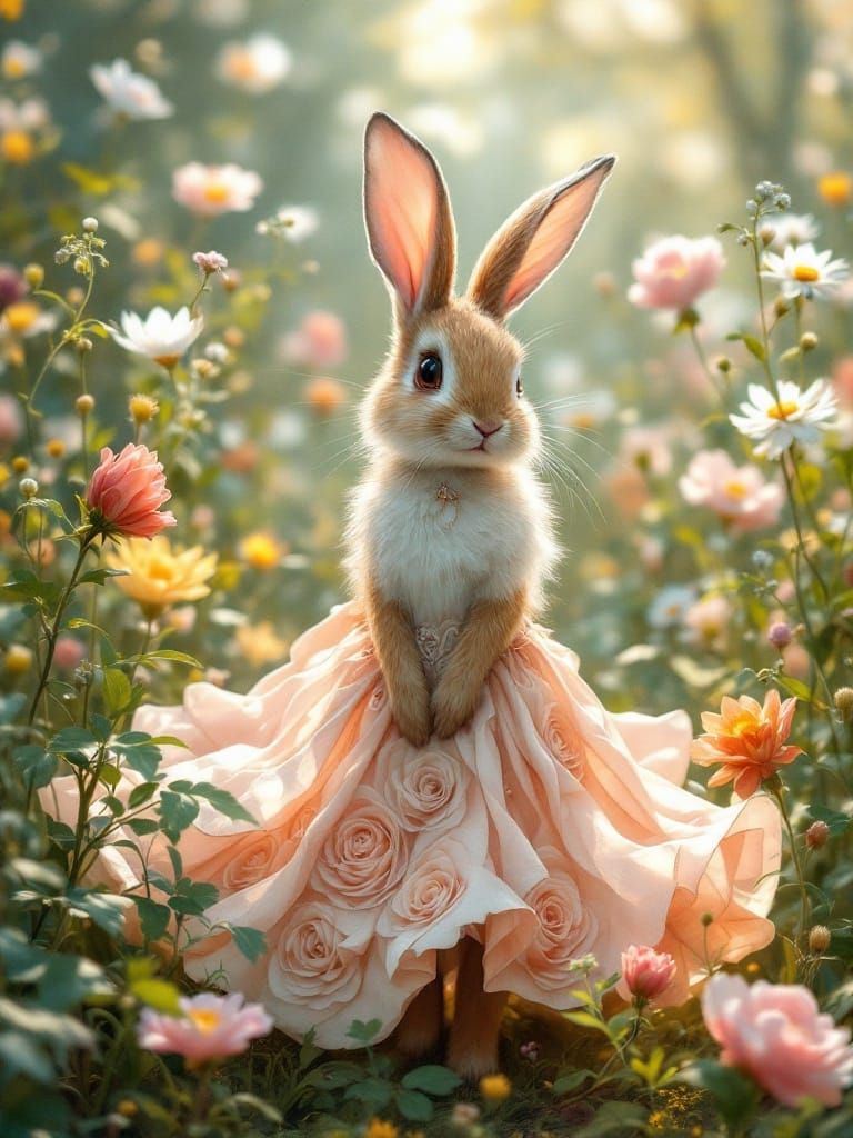 Fantastical Rabbit in Whimsical Floral Gown - AI Art