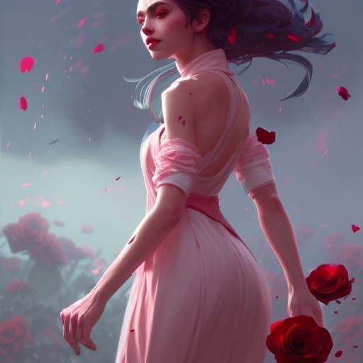 Beautiful girl.light pink skin with red rose dress.pink eyes...