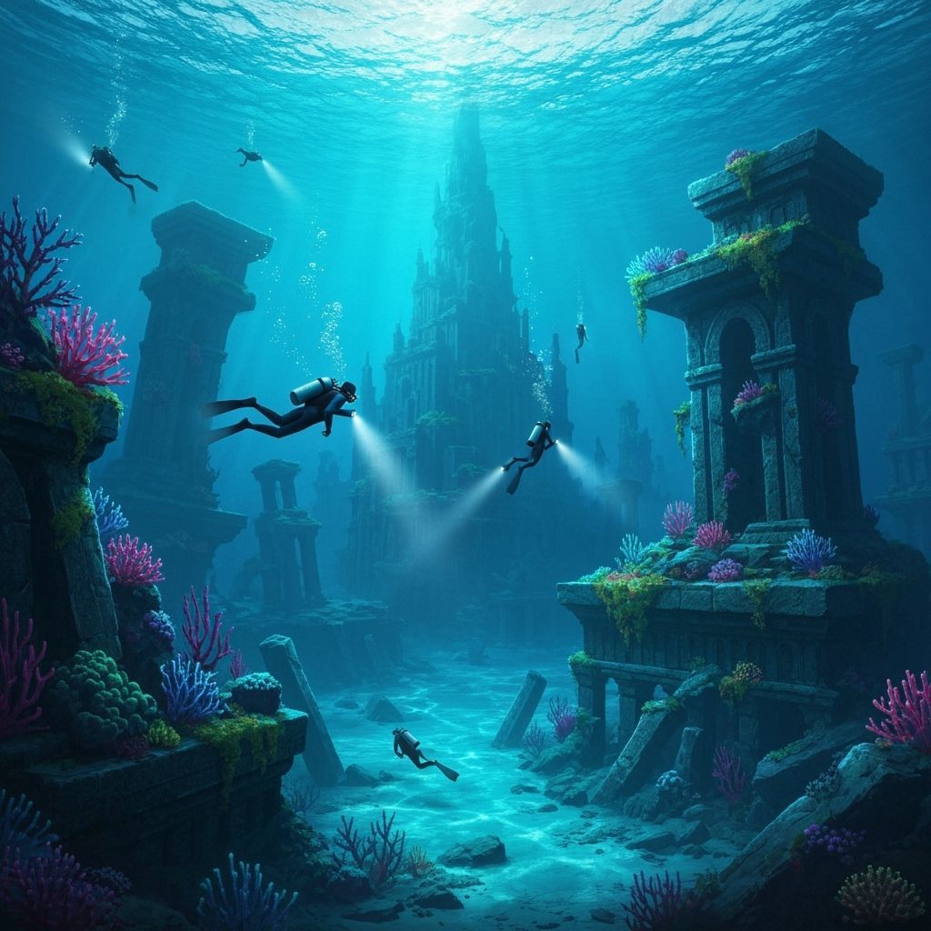 Sunken city rests beneath shimmering crystal waves.
Bioluminescent corals grow on ancient stone.
Divers explore relics of forgotten empires.