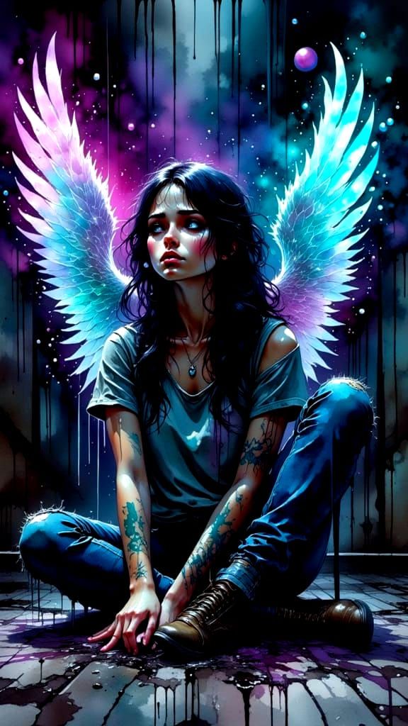 Sister's Grief: Angelic Brother Emerges from Paint Splatter