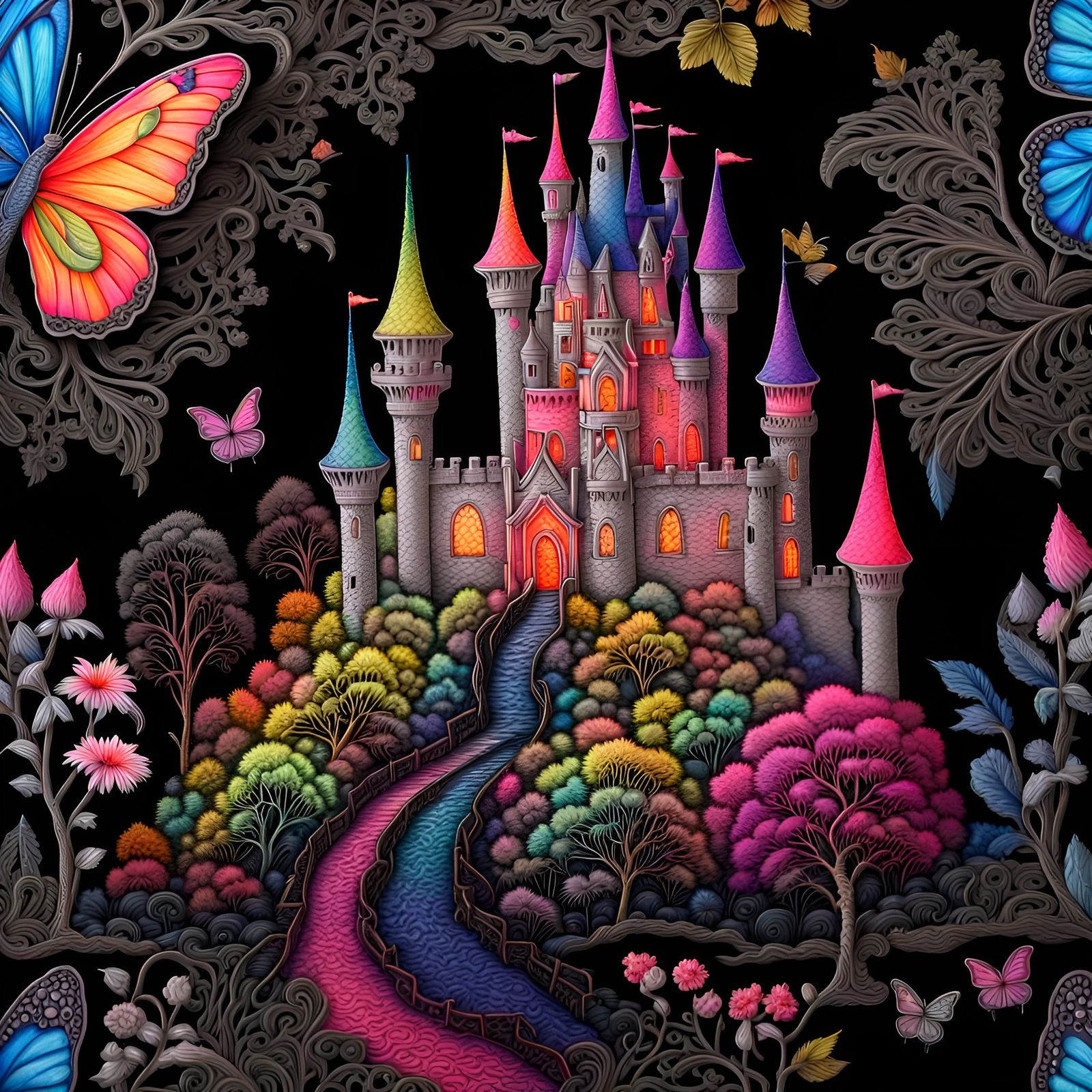 Prismatic neon painted on black velvet,  Fantasy fairy castl...
