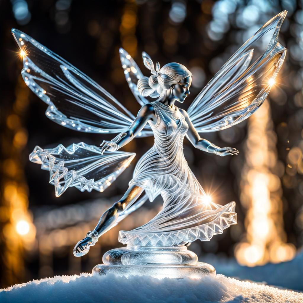 A dancing fairy as ice sculpture, Artwork that shows sunlight hitting an ice sculpture, highlighting ...  by @Alan