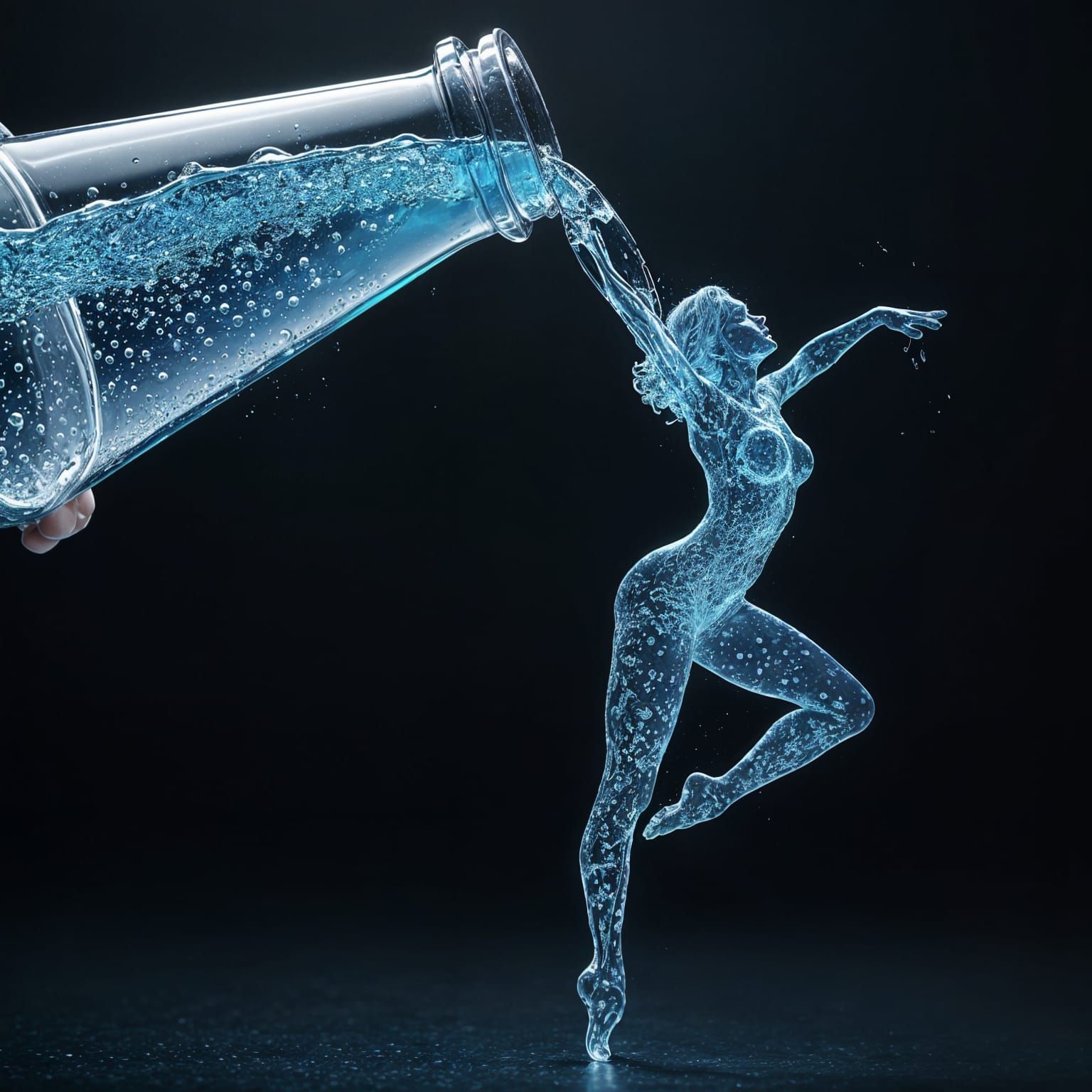 A blue colored soda being poured from a bottle,  the soda forms a woman dancing as it flows.  by @Tilted25