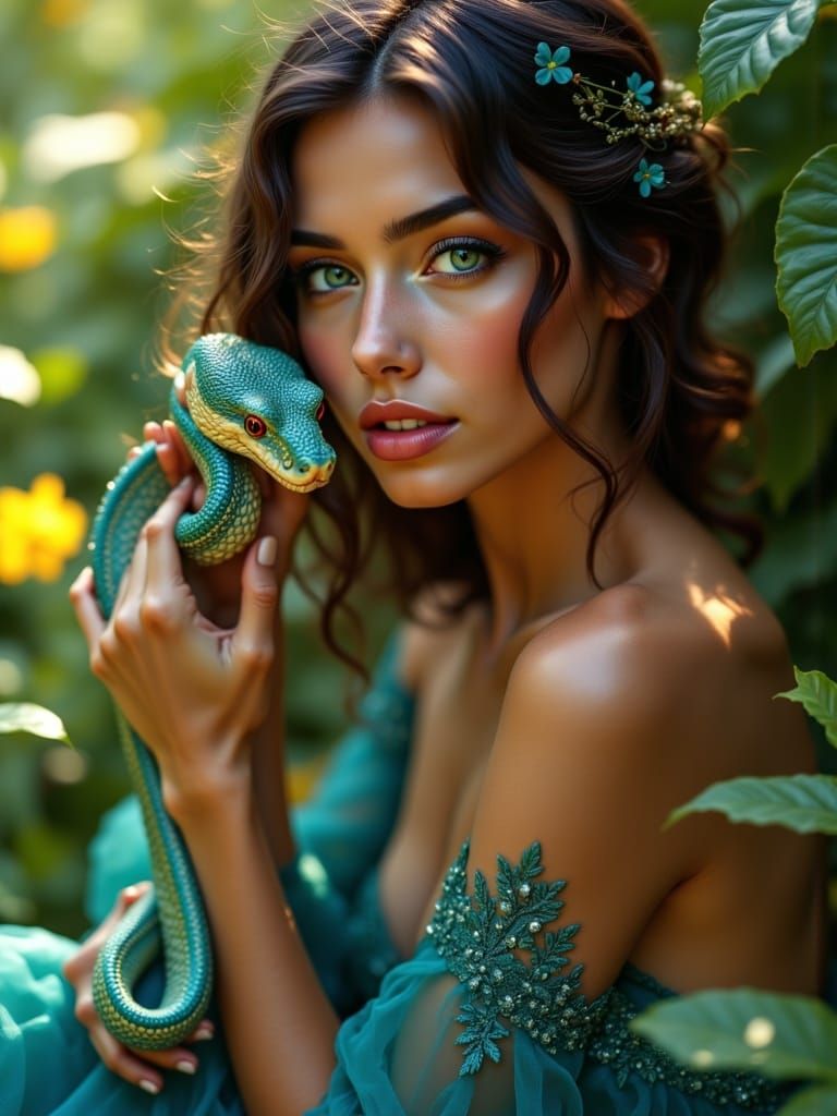 In the style of Nan Goldin. Photorealistic. Create an image with random fantasy and nature motifs with a beautiful woman of random ethnicity...