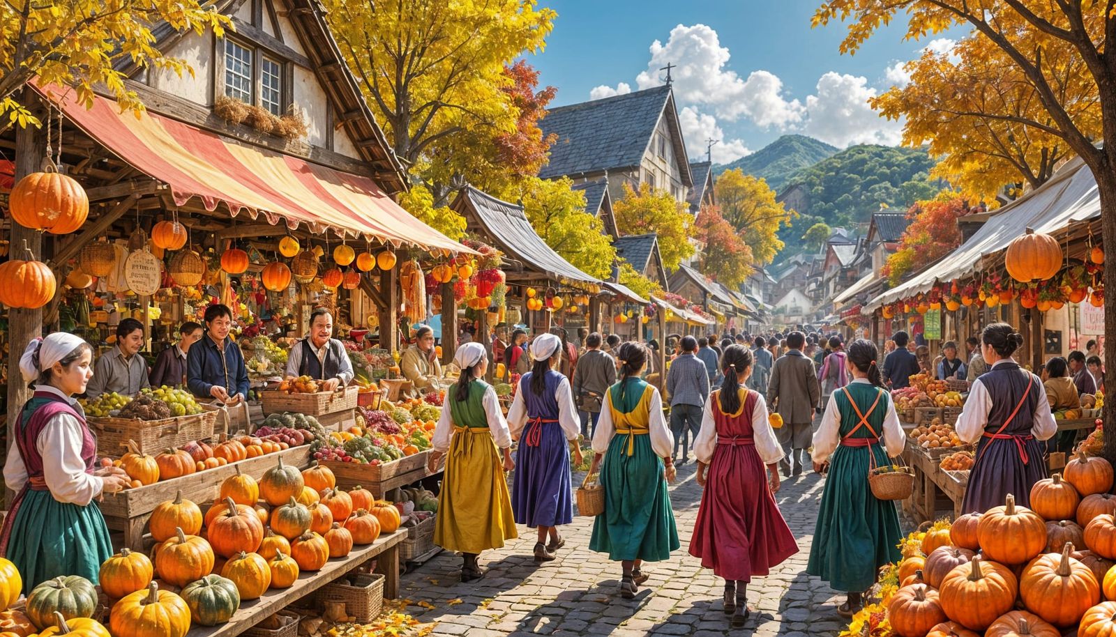 A vibrant, bustling village market during the autumn harvest festival. Stalls are overflowing with colorful ...  by @Neon Newt