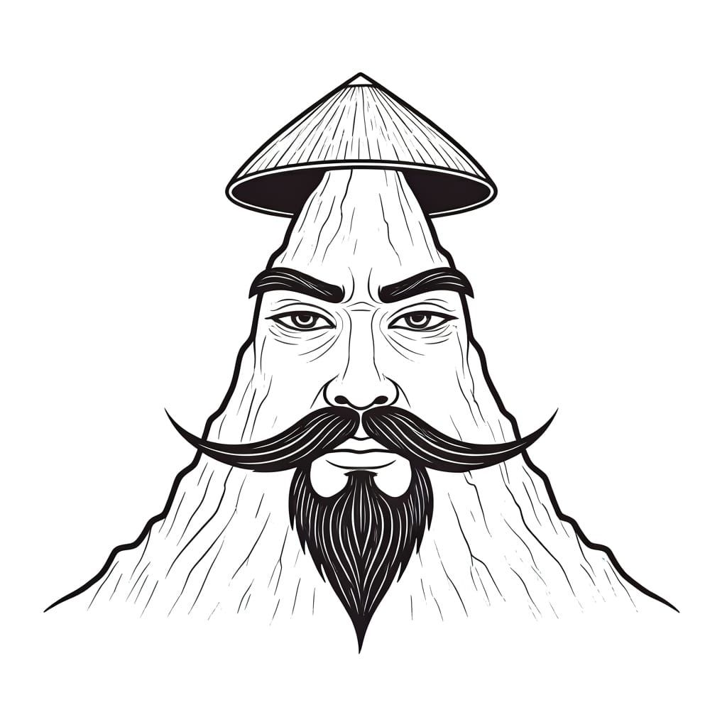 Mountain Face with Chinese Features in Line Drawing