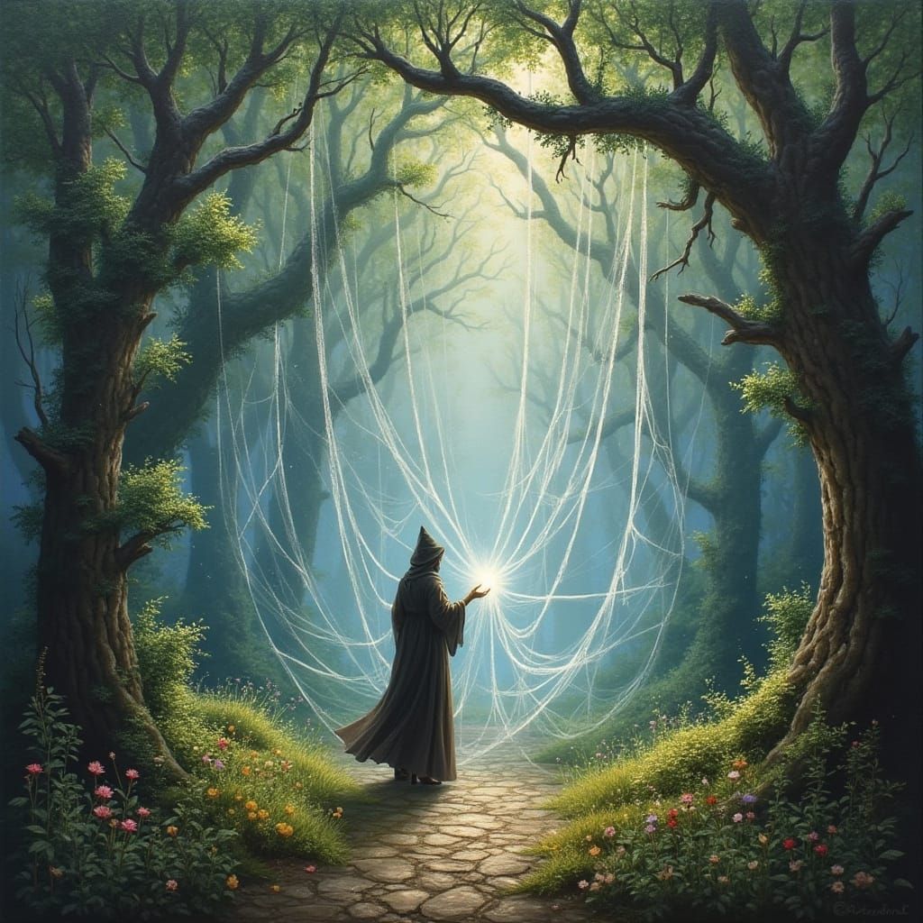 Surrealism, oil painting. A mystical forest glade where the trees and plants are intertwined with voluminous, silvery spiderwebs, creating d...