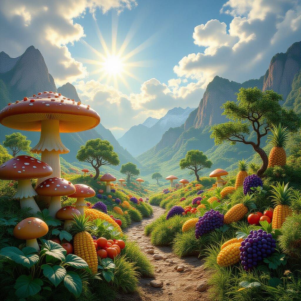 Hyperborea Vineland ! Mushrooms everywhere and berries , apple trees , orange trees, pineapple,banana ,grapes ,barley corn = natural edible ...