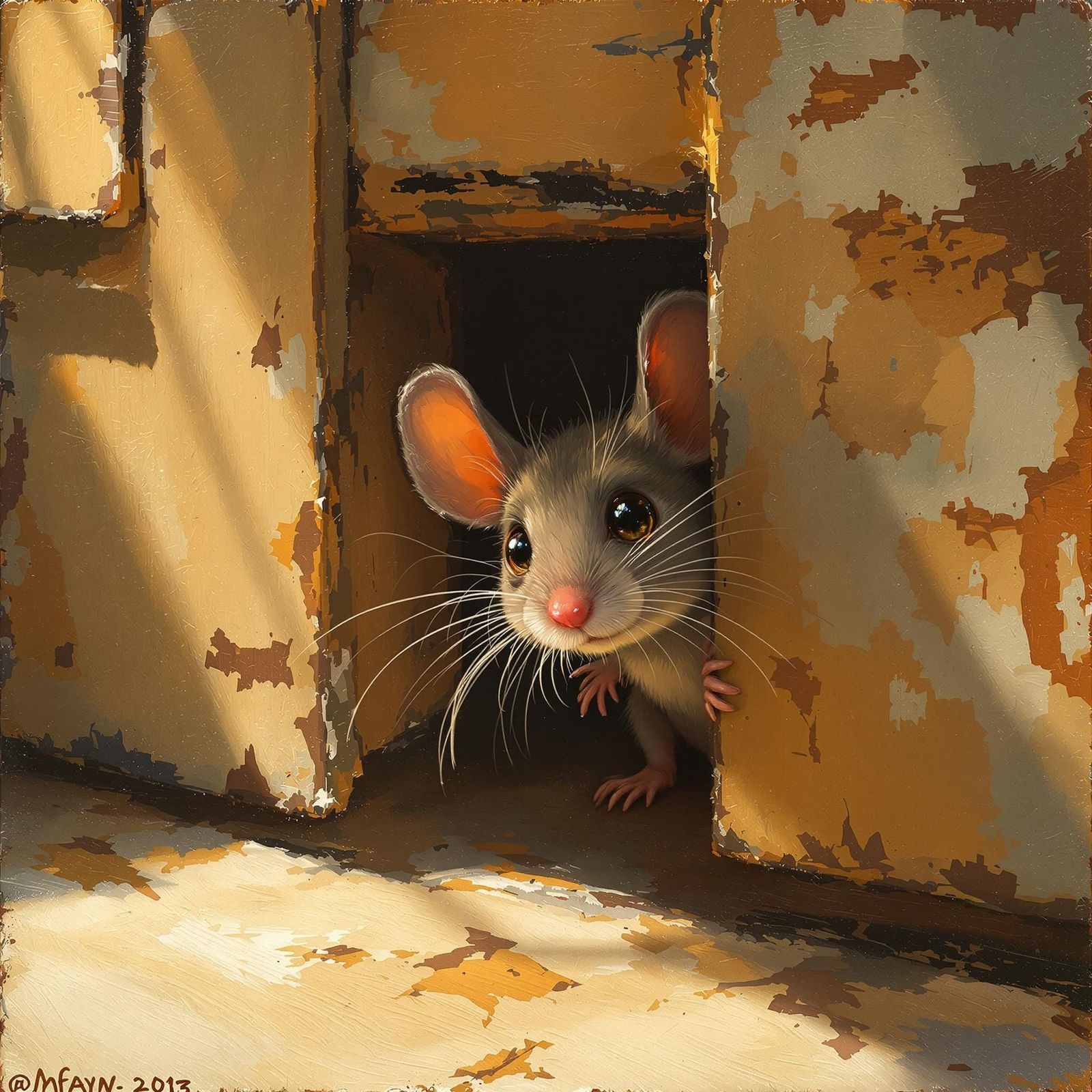 Shy Mouse in Rustic Kitchen, Oil Painting Style