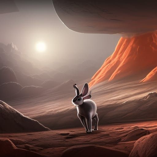 gray Rabbit eating, carrots, in a tunnel, on Mars