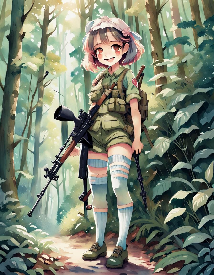 Anime cute sniper, smiling, wearing bloomers and socks, oversized rifle, chibi style   by @Simon