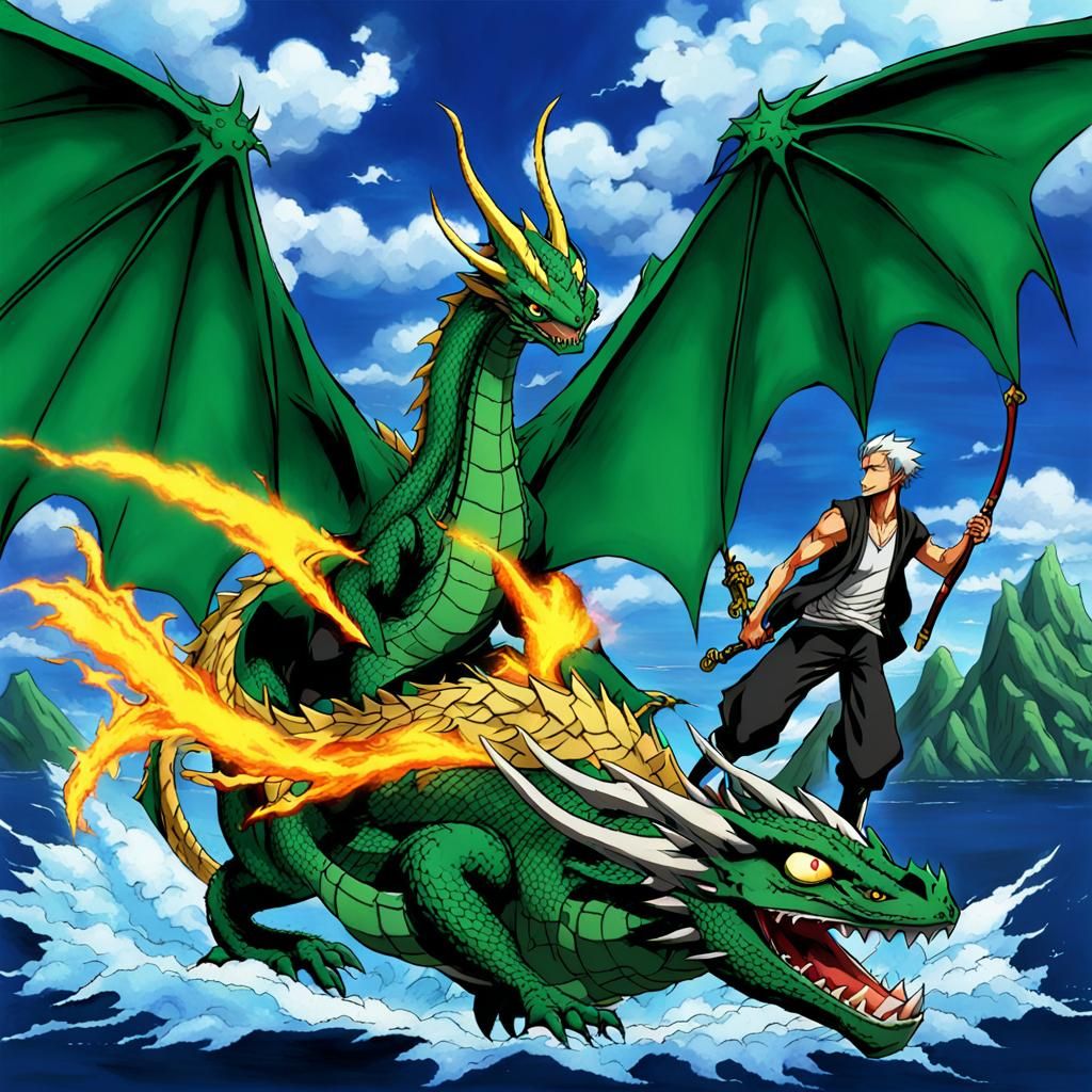 a dragon preventing a zoro to travel on a portal peson is tr...
