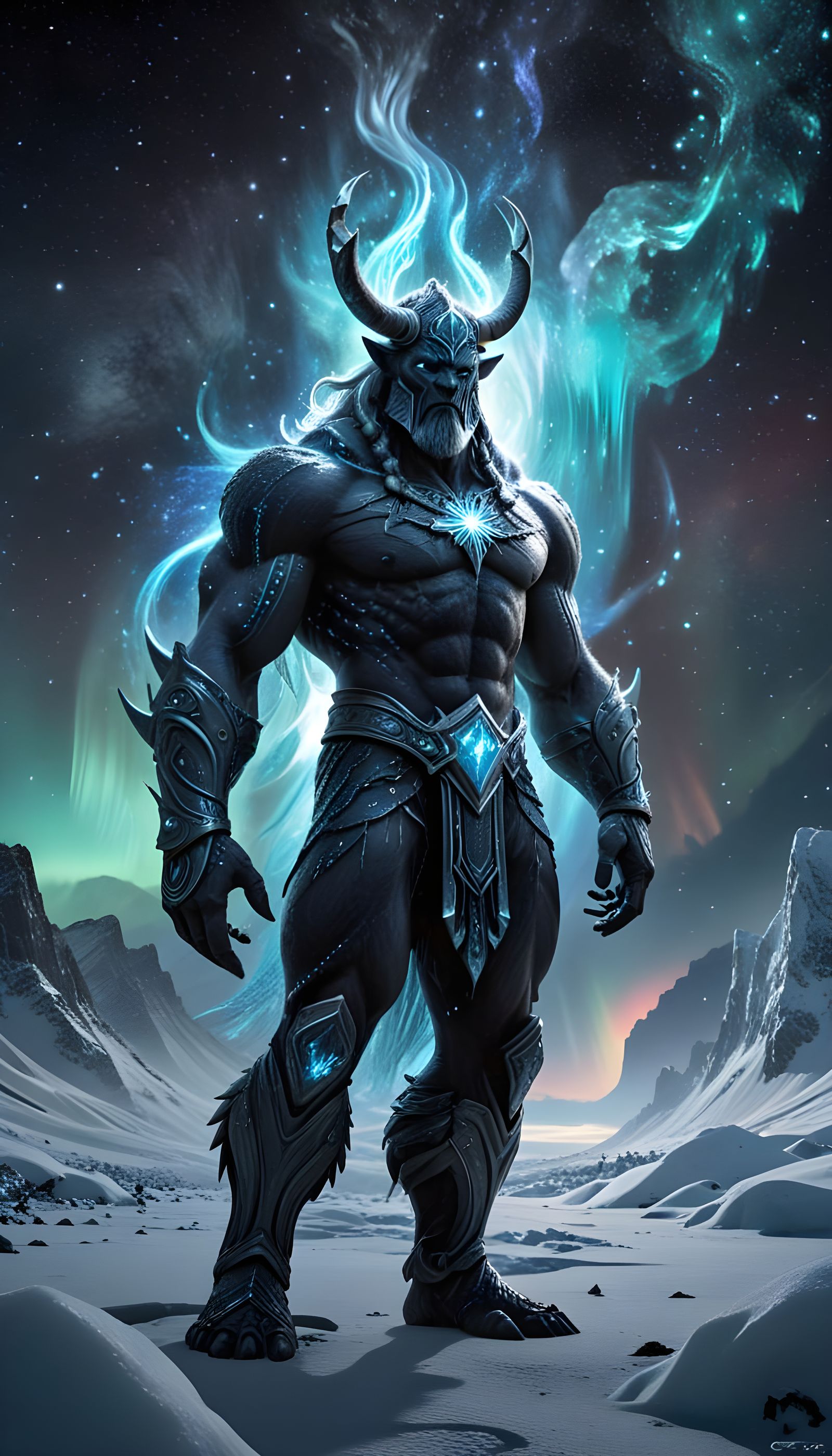 Astral Expressionist Frost Giants in Aurora Valleys