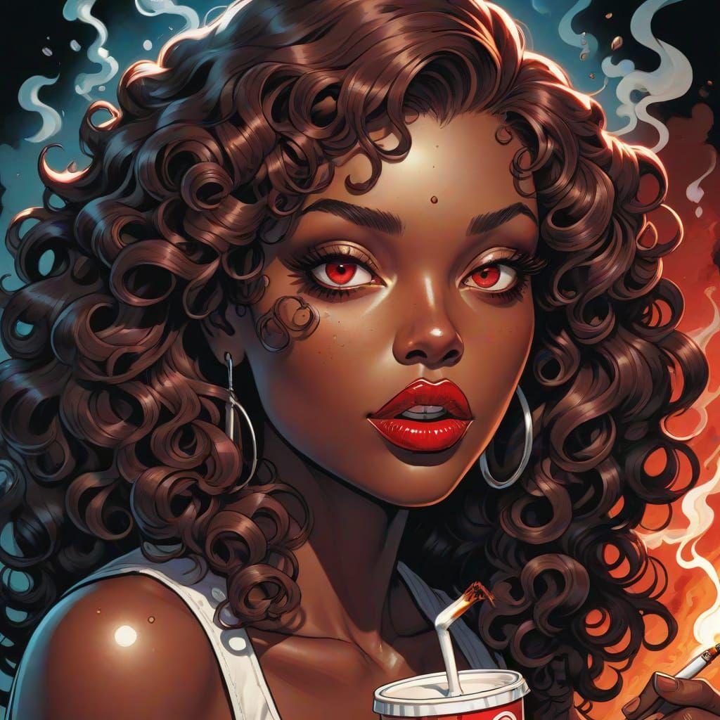 Comic Book Girl Smokes with Red Eyes in Perfect Smooth Art