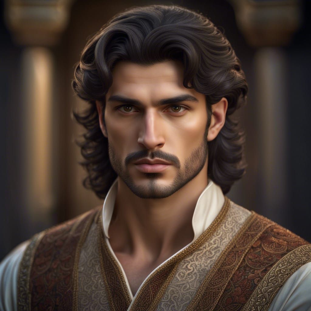 Persian king, handsome, late 20s, intelligent, sophisticated ...