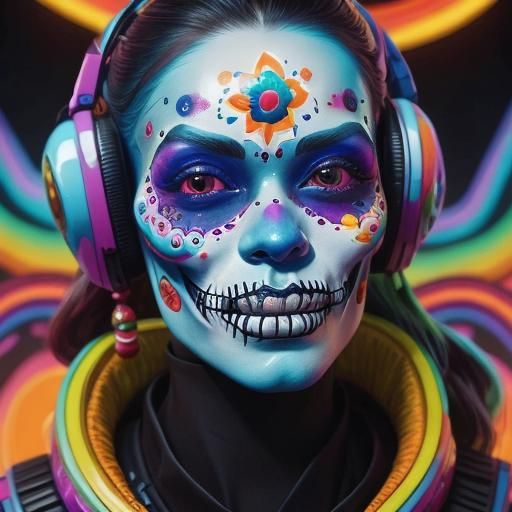 <lora:Bonbon Panic:1.0> 
Medium shot of a beautiful woman wearing colorful Día de los Muertos face paint. Candy sci-fi
