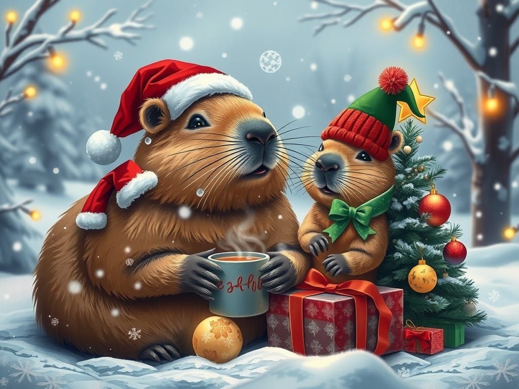 Winter Wonderland Capybara Friends Celebrate Christmas