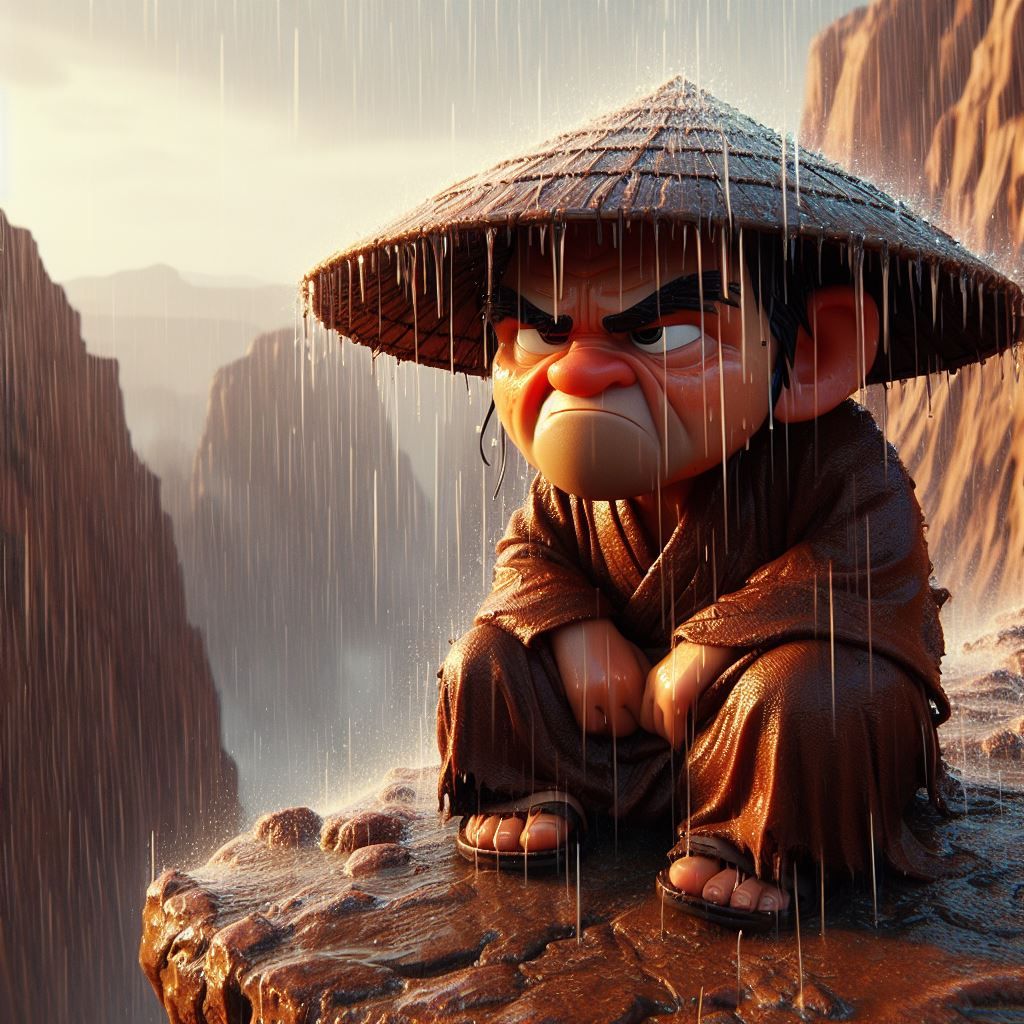 Grumpy cartoon Chinese man in heavy rain