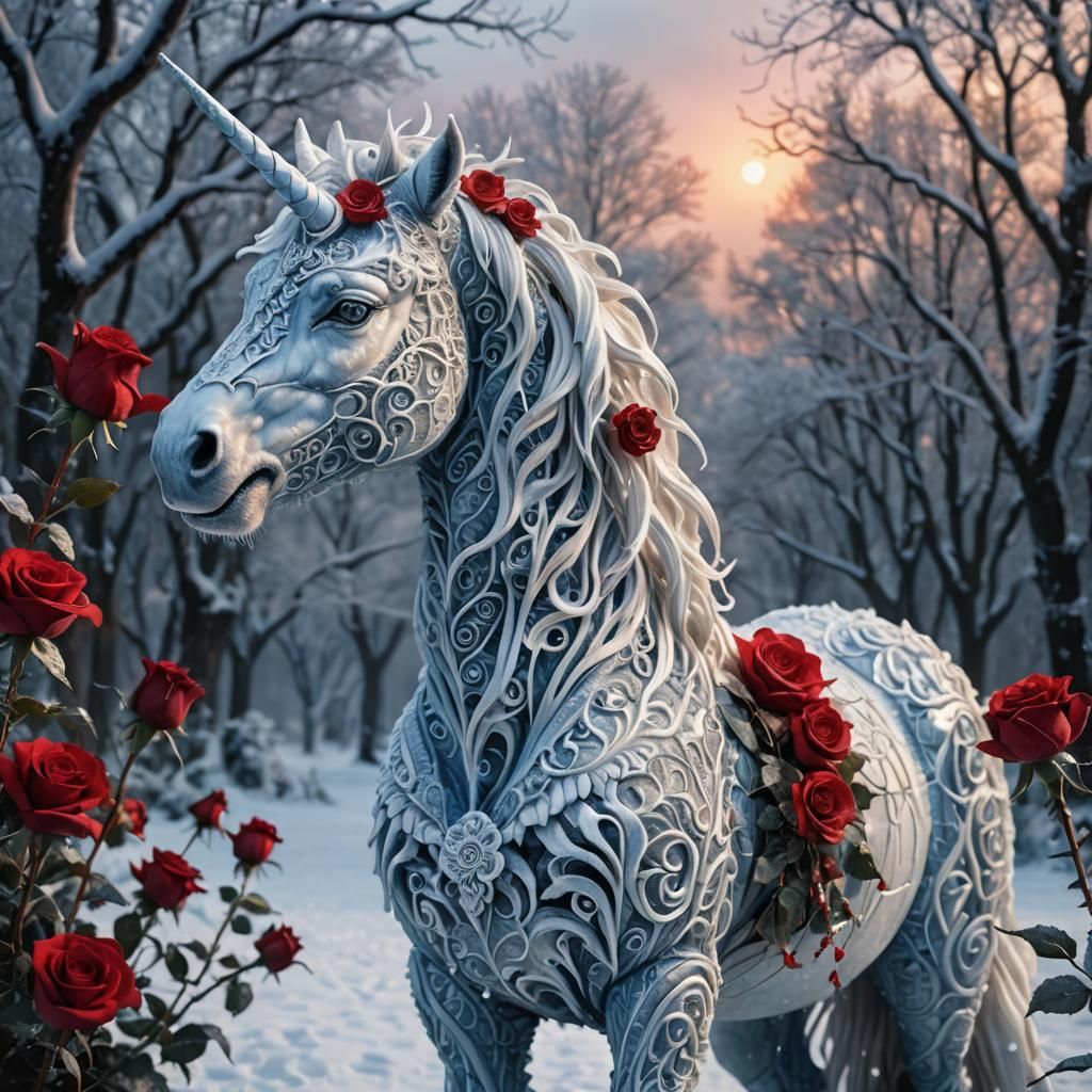 Mystical Ice Unicorn with Rose: Winter Fantasy