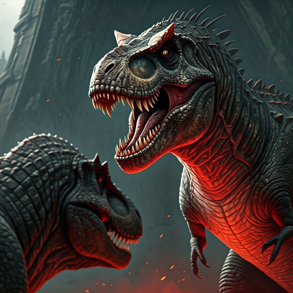 A colossal tyrannosaurus rex with two rows of jagged teeth o...