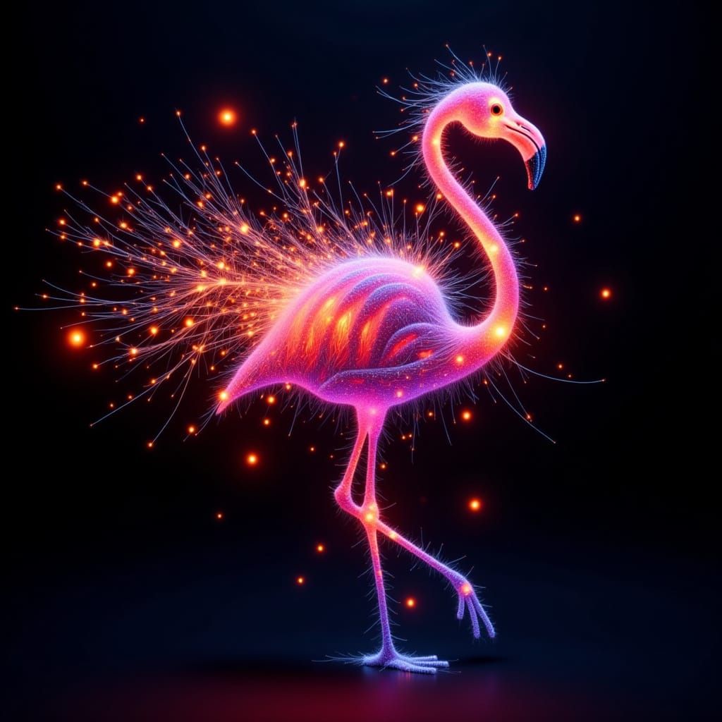 <lora:Glow:1.0> Pearlescent Light-emitting flamingo made of strings. Computational string art by Petros Vrellis. meticulously crafted from s...