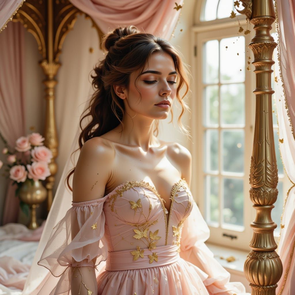 <lora:Roses Butterflies:1.0> Impasto texture of a bride in her wedding dress next next to a four poster bed, light streaming in through the ...