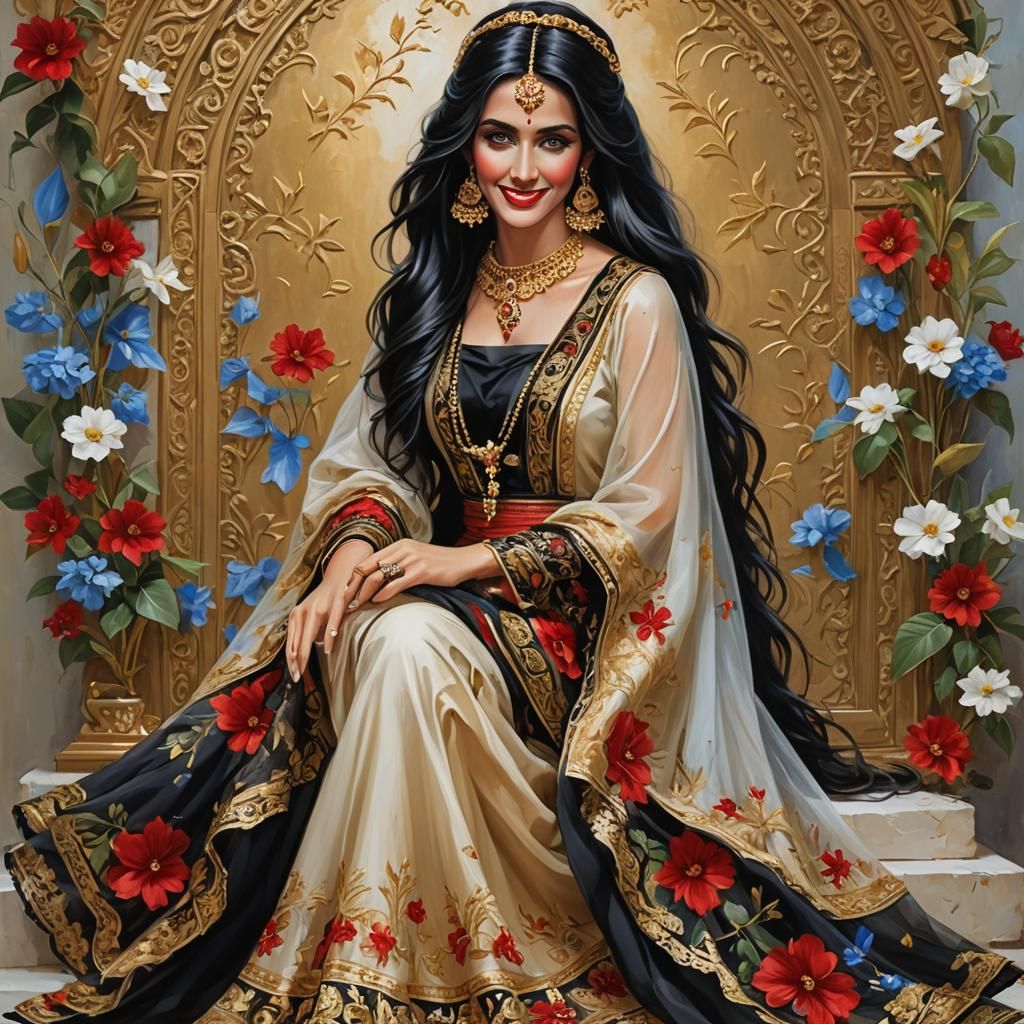 An elegant afegã woman, barefoot, vestindo saia e blusa curt...